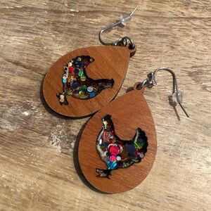 Wood & Resin Confetti Chicken Earrings - NWOT